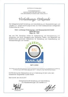 Gütezeichen Kanalbau - verliehen 05.2017 - Gebr. Lemberger
