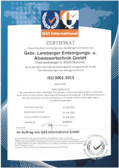 Zertifikat ISO 9001:2015 - Gebr. Lemberger Entsorgungs- und Abwassertechnik GmbH München