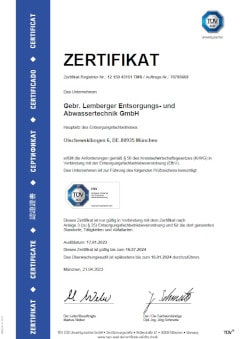 Zertifikat TÜV-geprüfter Entsorgungsfachbetrieb - gültig bis 07.2024 - Gebr. Lemberger